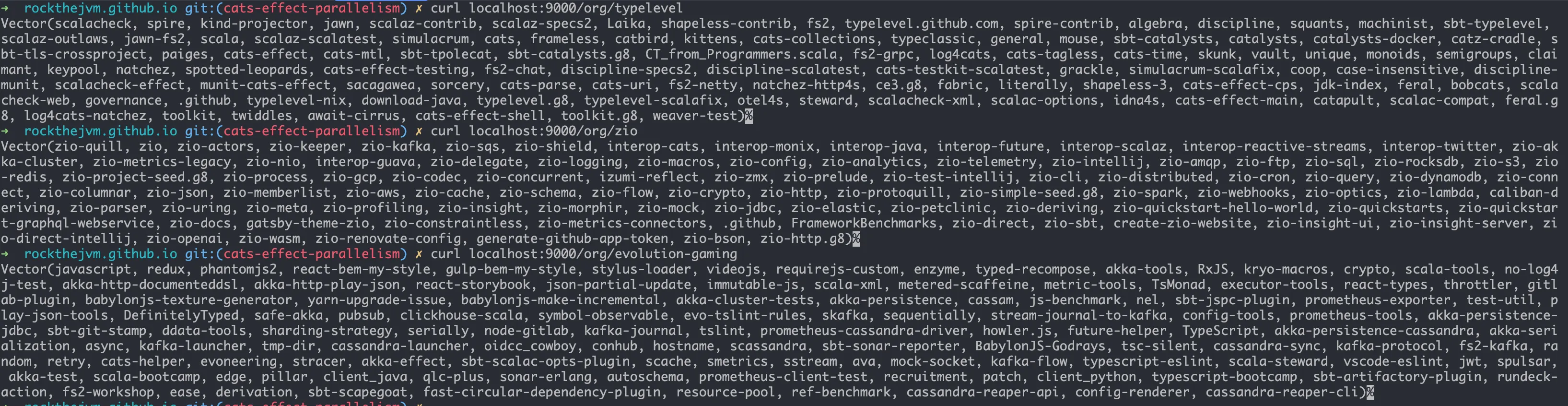 Output of running curl on different organization