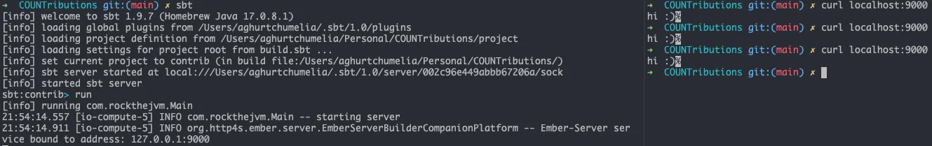 Output of executing sbt, run, and curl