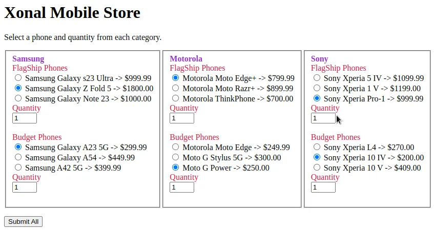 Home page showing the Xonal Mobile Store with phone purchasing options